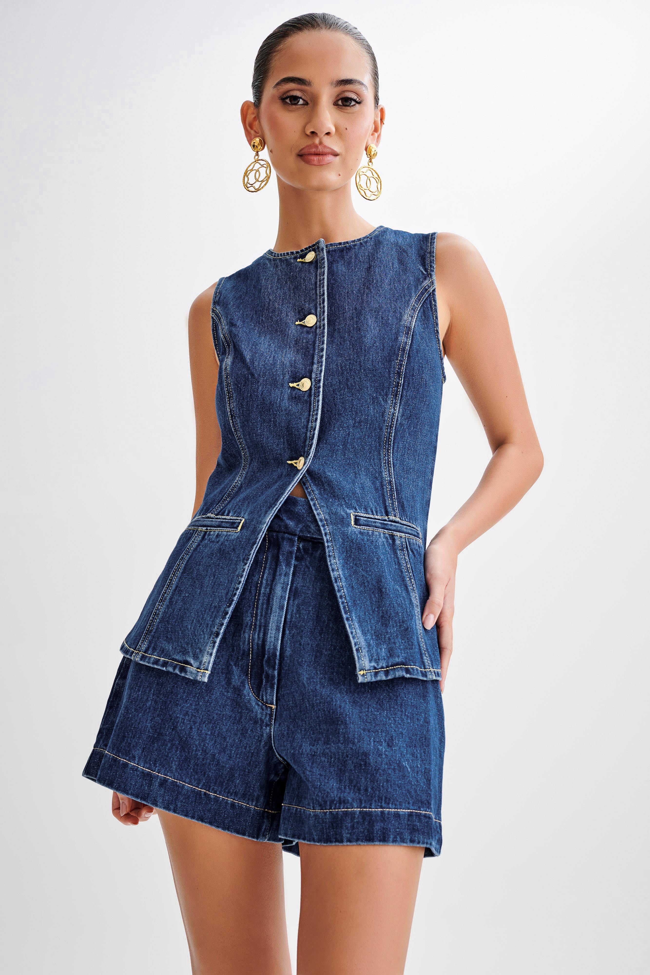 SARA | Trendy Denim Button Up Set